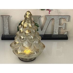 Pottery Barn Vintage Lighted Mercury Glass Christmas Tree Gold Silver‎ 7" Table